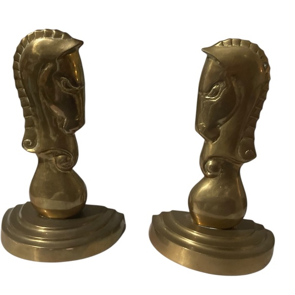 Vintage Mid-Century Solid Brass Chess Knight Horse Head Bookends